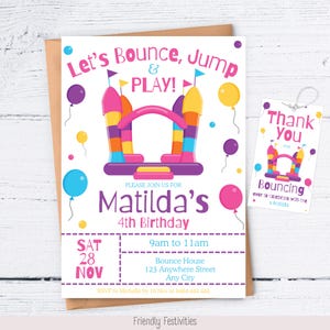 Editable Bounce House Birthday Invitation Template, Bounce Party Invitation, Pink Purple Bounce Jump Birthday Invitation, FREE thankyou tags