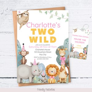 Editable Two Wild Jungle Animals Birthday Invitation Template, Girl Second Birthday, Jungle Safari 2nd Birthday Invite, FREE thankyou tags