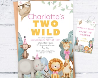 Editable Two Wild Jungle Animals Birthday Invitation Template, Girl Second Birthday, Jungle Safari 2nd Birthday Invite, FREE thankyou tags