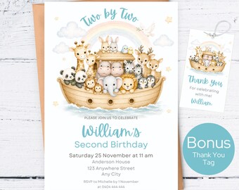 Noah's Ark Birthday Invitation Template, Two by Two Invite, Safari Animals Party Invite, Biblical Invite, Editable Digital Download