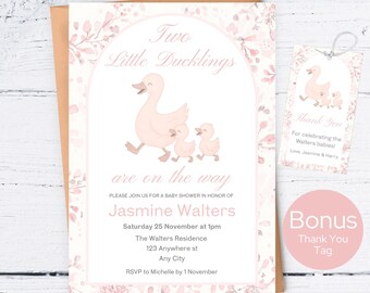 Zwillings-Mädchen-Babyparty-Einladung, zwei kleine Entlein sind auf dem Weg, zwei kleine Enten-Zwillinge-Babyparty-Einladung, bearbeitbare Vorlage