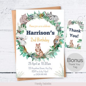 Australian Animal Wreath Birthday Invitation, Aussie animals, Australian Theme Party, Kangaroo Koala Wombat, Editable Canva Template