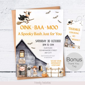 Könnte beinhalten: Halloween-Einladung mit einer Aquarellillustration eines Spukbauernhofs und kostümierter Tiere. Die Einladung enthält den Text "OINK-BAA-MOO A Spooky Bash Just for You" und Veranstaltungsdetails. Ein passendes Dankeschön-Etikett ist ebenfalls enthalten.