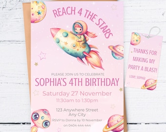 Mall för födelsedagsinbjudningar för Reach 4 the Stars, rosa rymdfödelsedag för flicka, fjärde 4-årsdag, redigerbar Canva-mall, GRATIS tacketiketter