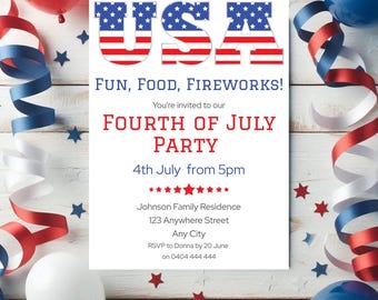 Modèle d'invitation modifiable du 4 juillet, fête du 4 juillet aux États-Unis, invitation pour le jour de l'indépendance, modèle canva, étiquette de remerciement gratuite FF013
