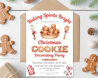 May include: A Christmas cookie decorating party invitation with the text "Baking Spirits Bright" and "Christmas Cookie Decorating Party." The invitation features gingerbread men and baking-themed illustrations. The invitation is in a brown envelope.