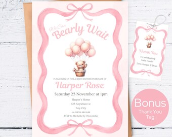 Wir können Bären-Babyparty-Einladung warten, rosa Teddybär-Babyparty-Einladung, Aquarell kokett Bogen-Mädchen-Babyparty