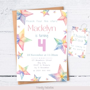 Reach Four the Stars Birthday Party Invitation, Fourth 4th Birthday Invitation, Star Theme Party Invite, 4 Year Old, Editable Canva Template
