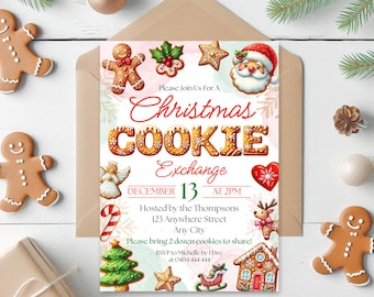 May include: A Christmas Cookie Exchange invitation with festive illustrations of gingerbread men, Santa Claus, and Christmas cookies. The invitation is in a kraft paper envelope and includes event details.