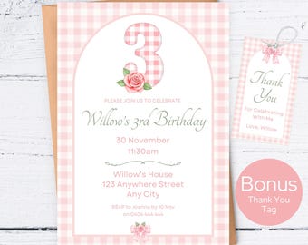 Girl 3rd Birthday Invitation, Pink Gingham Third Birthday Invitation Template, Coquette Bow 3rd Birthday Invite, Shabby Chic Vintage Floral