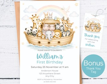 Noah's Ark Birthday Invitation Template, Watercolor Safari Animals Party Invite, Boy Bible Story, Biblical Invite, Editable Digital Download