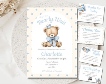 BearlyWait-Babyparty-Einladungs-Bündel, Junge-Teddybär-Einladungssatz, blauer Teddybär-Junge-Babyparty-Einladung, wir können Bearly warten