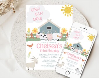 Bauernhof Geburtstag bearbeitbare Einladung, Oink Baa Moo Bauernhoftiere Party, Bauernhof Thema Einladung, bearbeitbare Vorlage Kindergeburtstag einladen, FF017