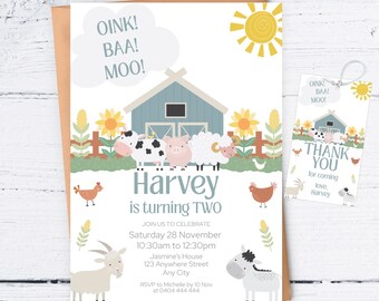 Bauernhof Tier zweiter Geburtstag bearbeitbare Einladung, Oink Baa Moo Bauernhof Tiere Party, Barnyard Party, Kindergeburtstag einladen, Canva Vorlage FF018