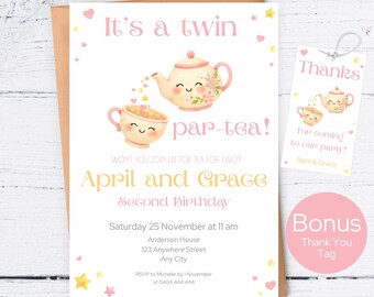 Twin Tea Party Birthday Editable Invitation, Tea for Two Invite Template, It’s a Twin Par-tea, Twin Girls Birthday, Sibling Birthday Invite