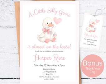 Dumme rosa Gans-Babyparty-Einladung, Eine kleine Gans ist fast auf dem lockeren Mädchen-Babyparty-Einladung, rosa Dumme Gans-Babyparty
