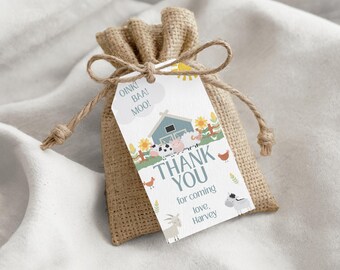 Bearbeitbare Bauernhof Geburtstag Favor Tags, Bauernhof Tier Geschenkanhänger, Oink Baa Moo, Boy Farm Dankeschön Tags, Barnyard Geburtstag, Canva Vorlage, FF018