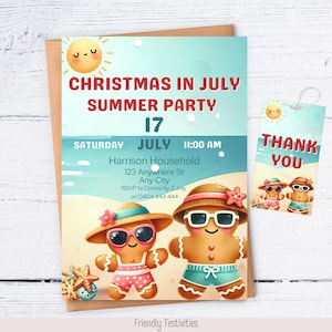 Christmas in July Summer Gingerbread Editable Template Invitation, Beach Christmas in July Summer Party, Canva Template, thankyou tag