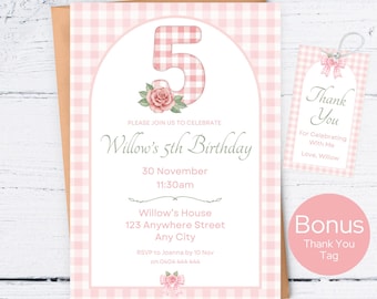 Girl 5th Birthday Invitation, Pink Gingham Fifth Birthday Invitation Template, Coquette Bow 5th Birthday Invite, Shabby Chic Vintage Floral