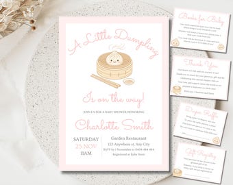 Pink Little Dumpling Is On The Way Baby Shower Bundle, Editable Kawaii Dim Sum Invitation Suite, Diaper Raffle, Books for Baby Girl,  FF019