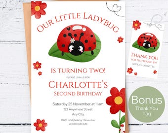 Marienkäfer-Geburtstagseinladungsvorlage, Unser kleiner Marienkäfer-Party einladen, Garten-Marienkäfer-Geburtstagseinladung, bearbeitbare Canva-Vorlage