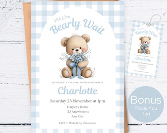 Wir können Bärenjunge-Babyparty-Einladung warten, Teddybär-Babyparty-Einladung, Junge Blau Bären-Babyparty-Einladung einladen, blaue Gingham-Baby-Dusche