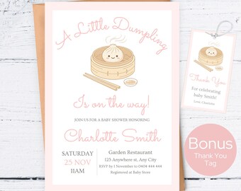 Little Dumpling Baby Shower Invitation, Pink Girl Dim Sum Invite, Bao Baby Shower, Cute Asian Theme, Editable Canva Template, FF019