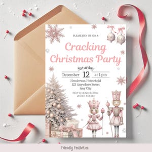 May include: A Christmas party invitation with a pink and white design. The invitation includes the text "Cracking Christmas Party" and details for the event. Decorative elements include snowflakes, ornaments, and nutcracker illustrations.