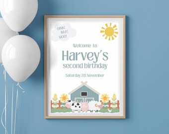Bauernhof Geburtstag editierbares Willkommensschild, Junge Blaue Bauernhof Geburtstagsfeier, Oink Baa Moo Zwei Party, Bauernhof Tier Party Dekor, Canva Vorlage, FF018