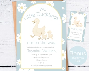 Bearbeitbare Zwillingsjungen-Babyparty-Einladung, zwei kleine Entlein sind auf dem Weg-Babyparty-Einladung, blaues Gänseblümchen-Blumen-Babyparty-Einladung