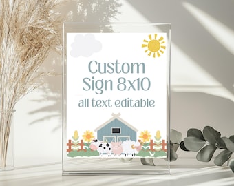 Bauernhoftiere bearbeitbare Partyschilder, Junge Blaue Bauernhof-Geburtstagsfeier, Oink Baa Moo Geburtstagsschild, bearbeitbare druckbare Canva-Vorlage, FF018