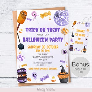 Halloween Trick or Treat Party Invitation, Halloween Editable Invitation Template, Halloween Candy Sweets, Halloween Theme Birthday, Canva