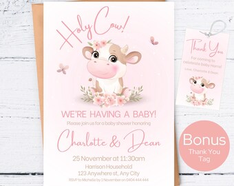 Heilige Kuh-Babyparty-Einladung, rosa Kuh-Babyparty-Einladung, Bauernhaus-Mädchen-Babyparty, wir bekommen ein Baby, bearbeitbare Sofort-Download