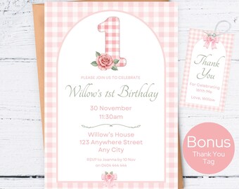 Girl 1st Birthday Invitation, Pink Gingham First Birthday Invitation Template, Coquette Bow 1st Birthday Invite, Shabby Chic Vintage Floral