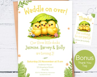 Waddle On Over Editable Birthday Invitation, Triplets Birthday Invitation, Triplets Party Invite, Sibling Birthday Invite, Duck Party