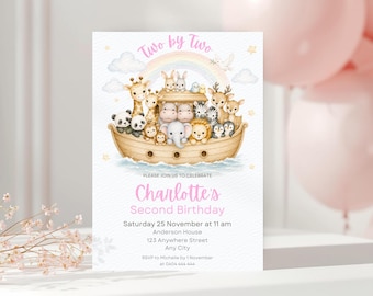 Noah's Ark Birthday Invitation Template, Girl Two by Two Invite, Safari Animals Party Invite, Biblical Invite, Editable Digital Download