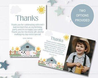 Bearbeitbare Bauernhof Geburtstag Dankeskarten, Junge Blaue Bauernhof Geburtstagsfeier, Oink Baa Moo Party, Bauernhof Tier Party Dekor, Canva Vorlage, FF018