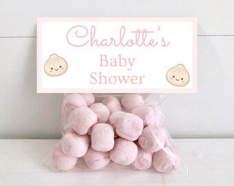 Little Dumpling Baby Shower Treat Bag Topper, Pink Dim Sum Favor Bag Label, Editable Canva Template, Printable Kawaii Girl Party Tag, FF019