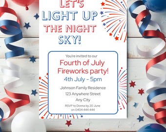 4th of July Fireworks Invitation, Fourth of July Fireworks Party, Independence Day Invite, Editable Canva Template, FREE Thank You Tag FF013