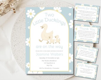 Zwei kleine Entlein-Jungen-Babyparty-Paket, Enten-Zwillinge-Babyparty-Einladungs-Reihe, blaue Gänseblümchen-Jungen-Babyparty, Zwillings-Entlein-Babyparty-Set