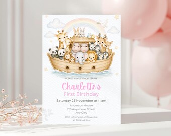 Noah's Ark Birthday Invitation Template, Girl Two by Two Invite, Safari Animals Party Invite, Biblical Invite, Editable Digital Download