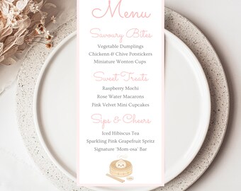 Little Dumpling Baby Shower Menu Template, Editable Pink Dim Sum Menu Card, Kawaii Bao Girl Shower Food Menu, Printable Canva Template FF019