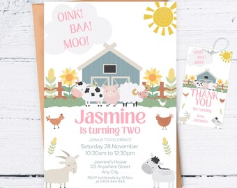 Invitación editable de cumpleaños de granja, ¡Oink Baa Moo! Alguien cumple dos años, Invitación de animales de granja, Invitación editable para segundo cumpleaños, FF0017