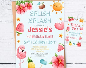 Invito per festa di compleanno tropicale, festa di compleanno Splish Splash, invito di compleanno a tema fenicottero, invito estivo hawaiano, festa in piscina