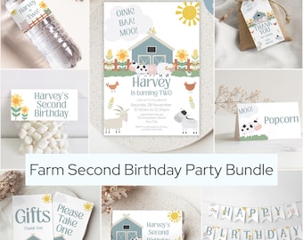 Oink Baa Moo Zweiter Geburtstag Bundle, Oink Baa Moo Ich Bin Zwei Party Bundle, Blauer Junge Bauernhof Tier 2