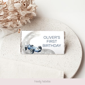 First Lap Race Car Chocolate Bar Wrapper Label, Racer Boy First Birthday Chocolate Party Favor, Editable and Printable Canva Template, FF009