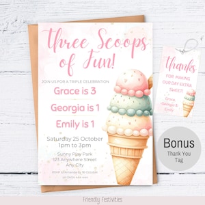 以下が含まれることがあります： 「Three Scoops of Fun!」のテキストとパーティーの詳細が記載された、ピンクと白のアイスクリームをテーマにした招待状。お揃いのサンキュータグとボーナスタグが含まれています。招待状には、アイスクリームコーンのイラストが描かれています。