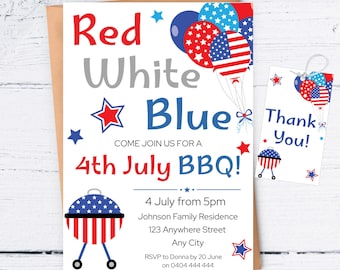 Plantilla editable de Canva para invitación a barbacoa del 4 de julio, invitación a la parrillada del 4 de julio, invitación al Día de la Independencia, etiqueta de agradecimiento GRATIS FF011