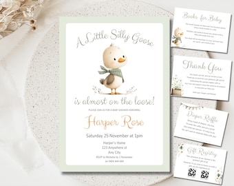 Dumme Gans Babyparty Einladung Bundle, eine kleine Gans ist auf der lose, geschlechtsneutrale Babyparty einladen Set, Baby Boy Sage grün einladen