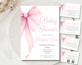 Rosa Schleifen-Babyparty-Einladungs-Paket, rosa Schleifen-bearbeitbare Einladung, rosa Koketten-Mädchen-Babyparty-Einladungssatz, rosa Band-Babyparty-Set